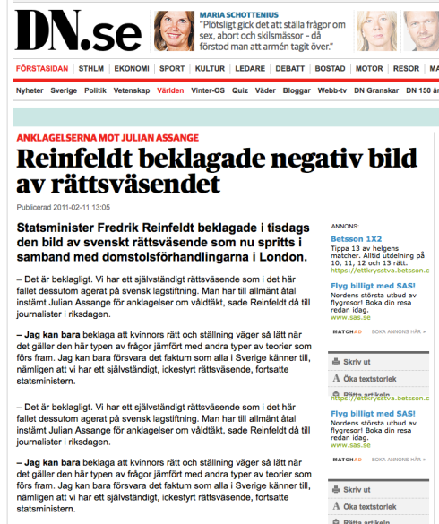 PM Reinfeldt i DN - Assange 'åtal'